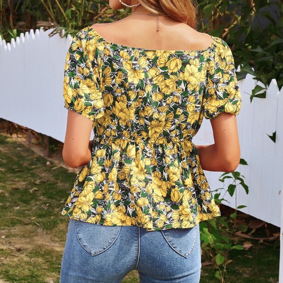 Boho Floral Print Puff Sleeve Babydoll Top Purple - Picture 12 of 13